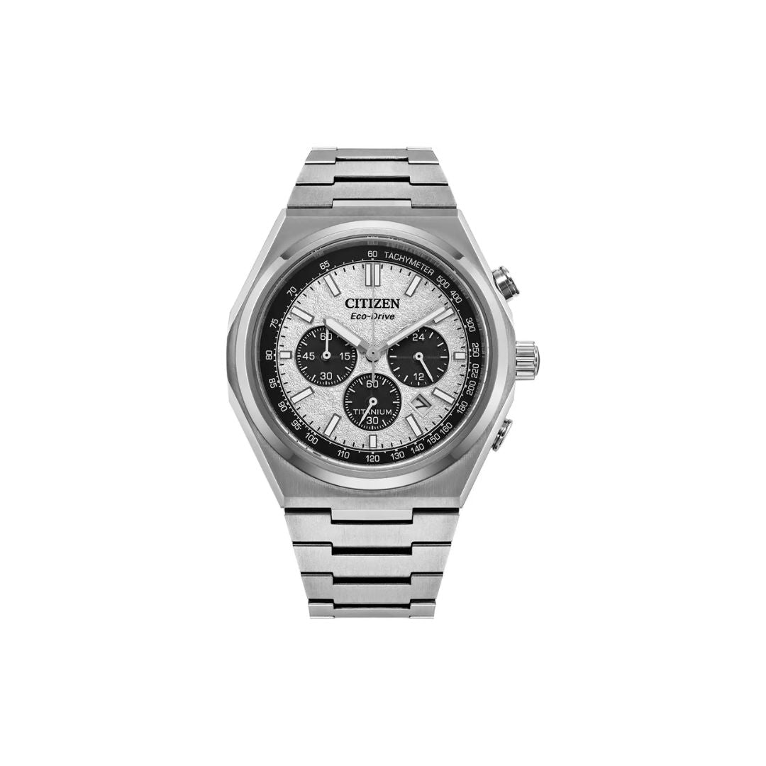 Citizen Eco-Drive Zenshin Chronograph & White Panda Dial with Super Titanium Bracelet