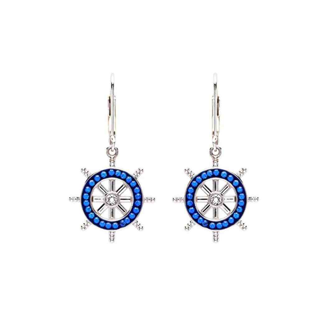 Ship’s Wheel Drop Earrings – Sterling Silver & Sapphire Crystal