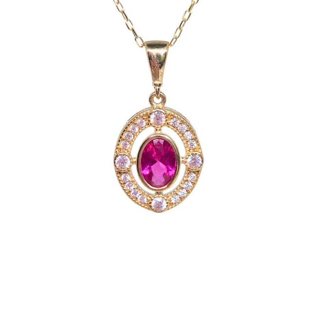 Ruby Oval Halo Pendant Necklace - 9ct Gold