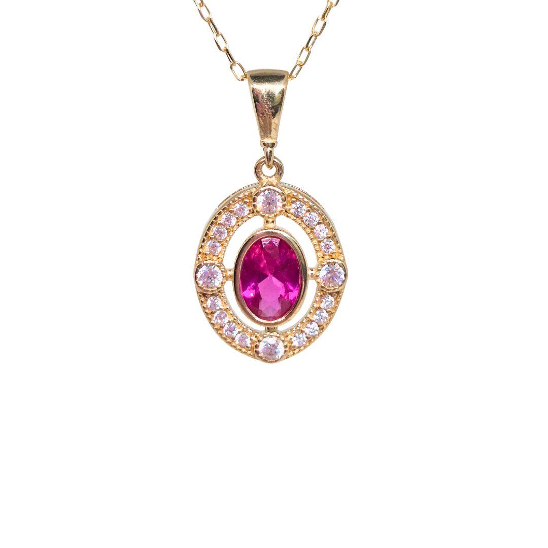 Ruby Oval Halo Pendant Necklace - 9ct Gold