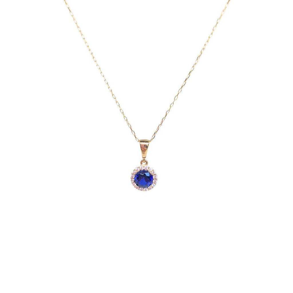 Blue CZ Halo Pendant Necklace - 9ct Gold