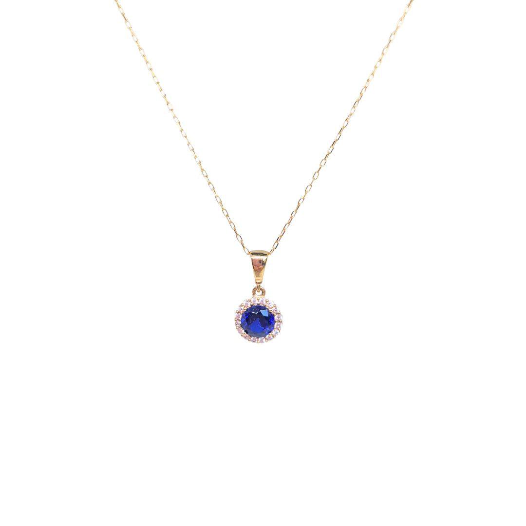 Blue CZ Halo Pendant Necklace - 9ct Gold