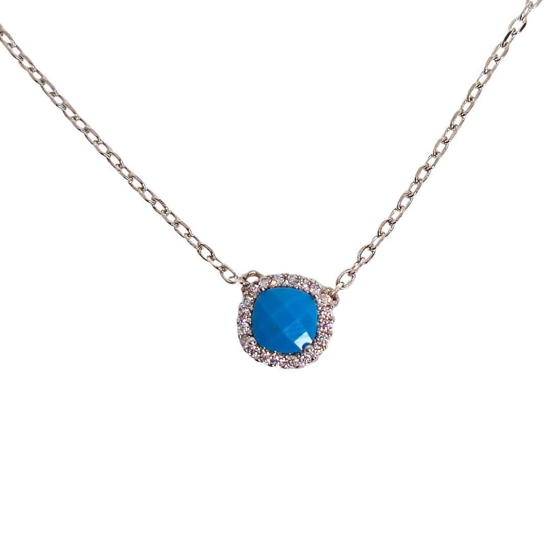 Azure Glow Sterling Silver Necklace – Cushion Blue CZ Halo