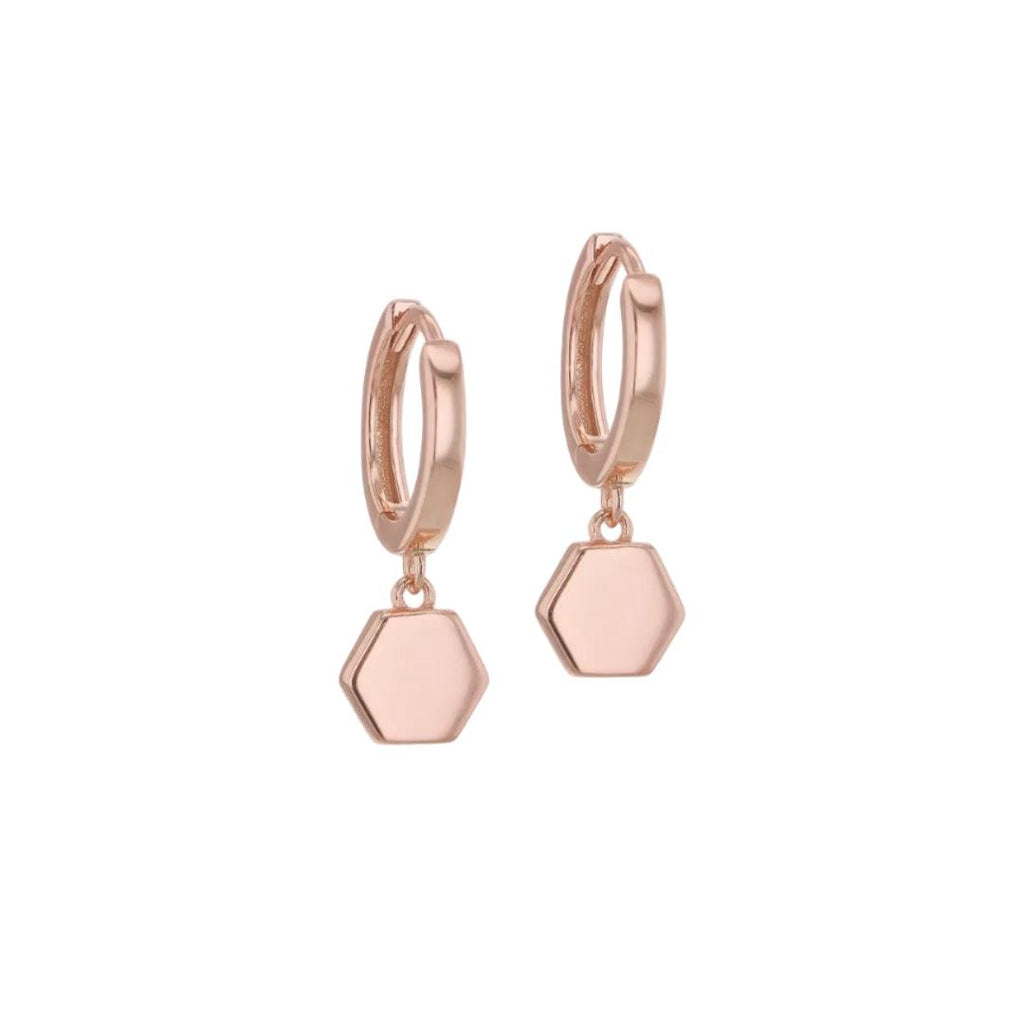 Hexagon Drop Hoop Earrings - Sterling Silver - Rose Gold
