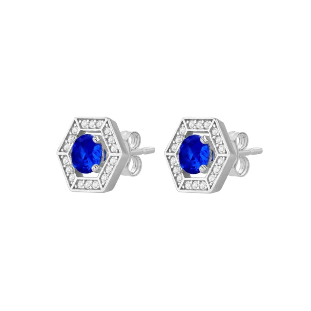 Sapphire Blue Hexagon Stud Earrings - Sterling Silver