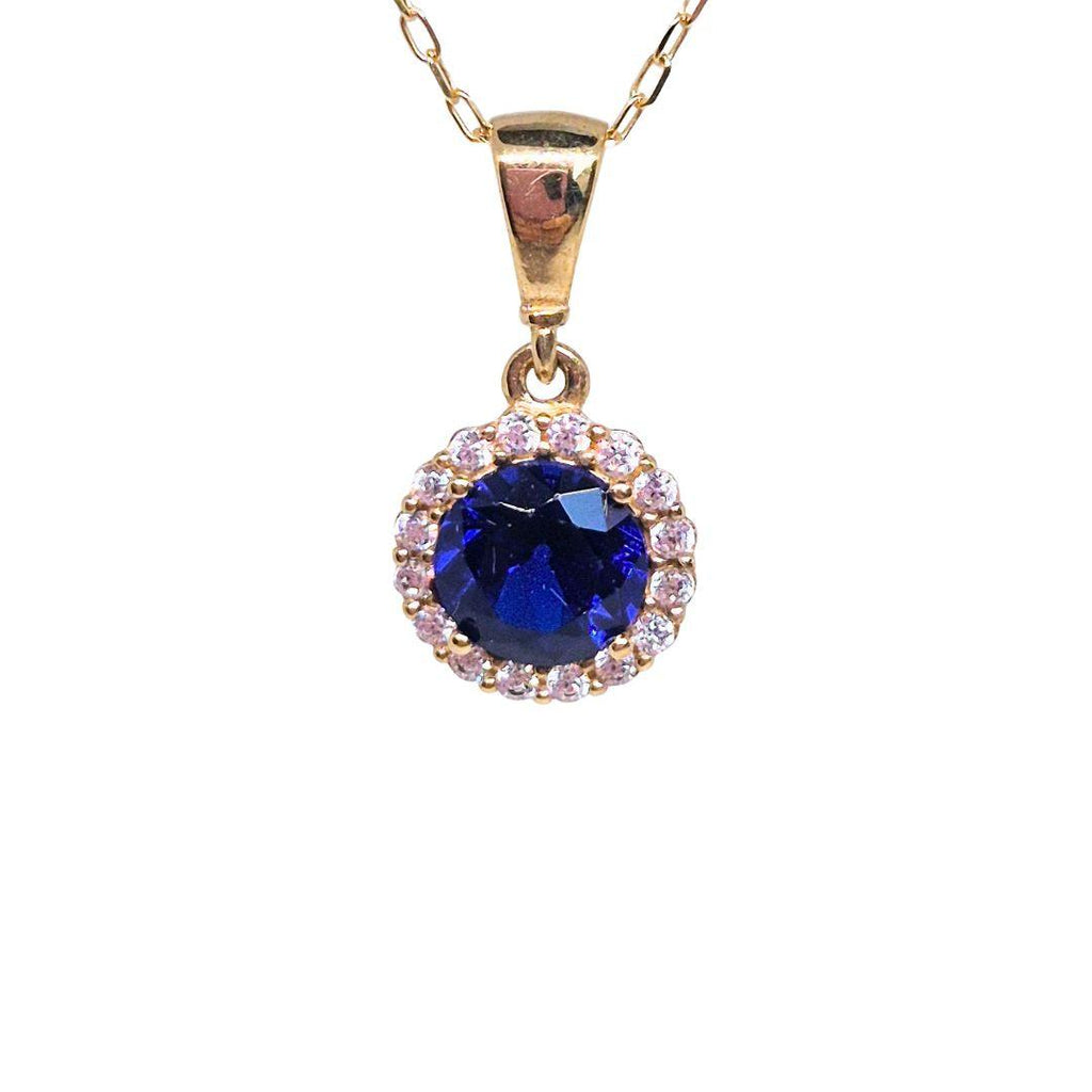Blue CZ Halo Pendant Necklace - 9ct Gold