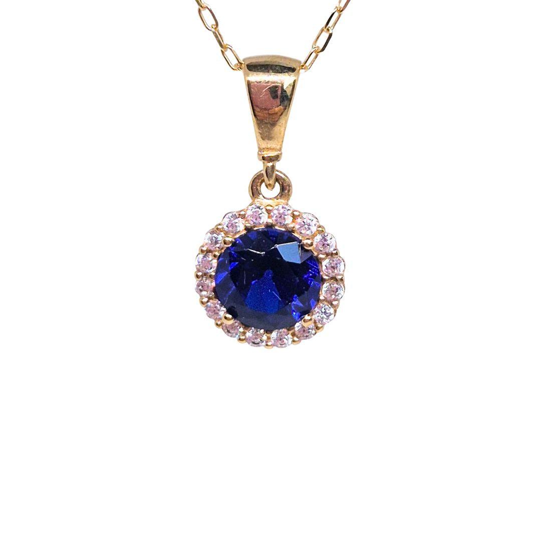 Blue CZ Halo Pendant Necklace - 9ct Gold