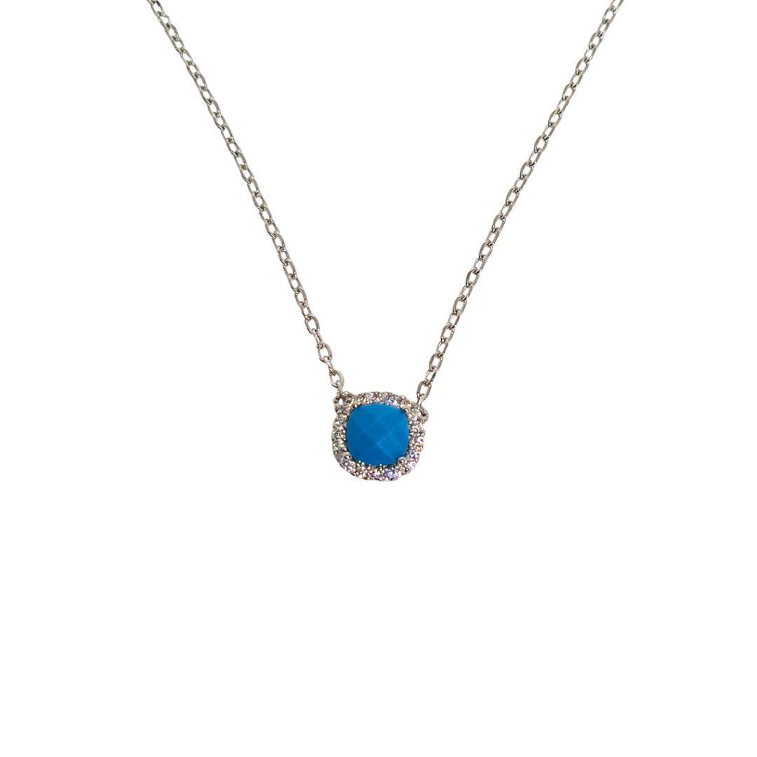 Azure Glow Sterling Silver Necklace – Cushion Blue CZ Halo