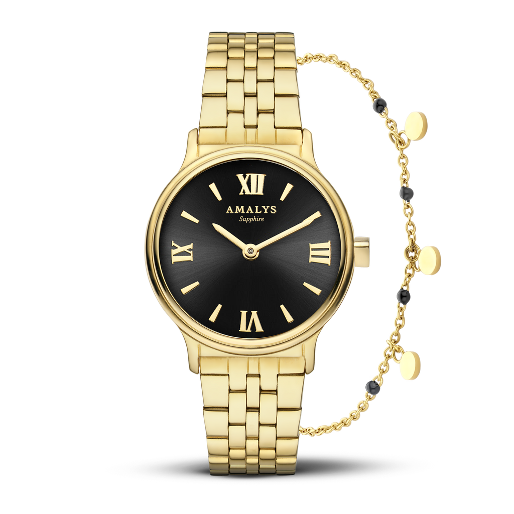 Amalys Alix Gold Watch & Bracelet Set – Black Dial with Stainless Steel Case