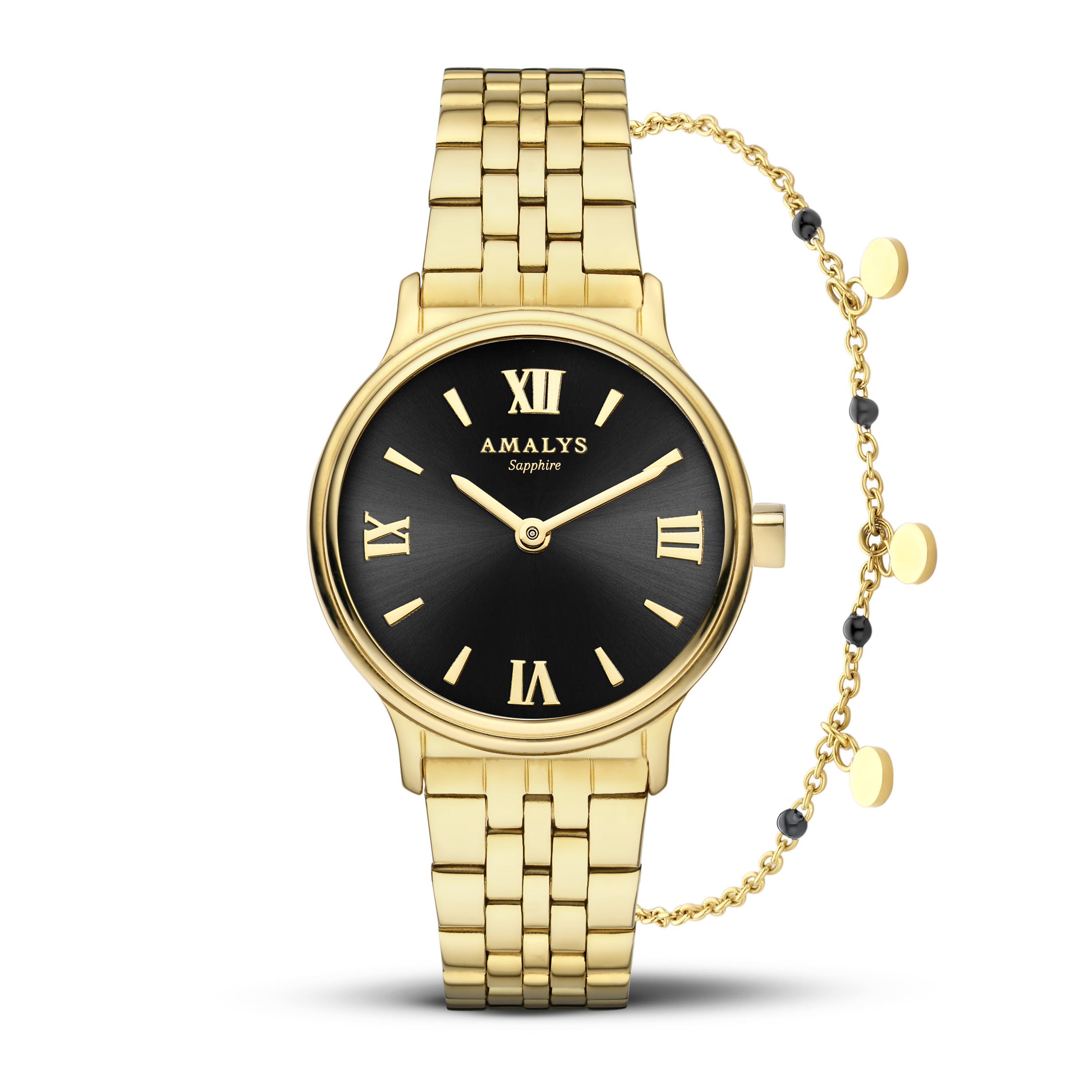 Amalys Alix Gold Watch & Bracelet Set – Black Dial with Stainless Steel Case