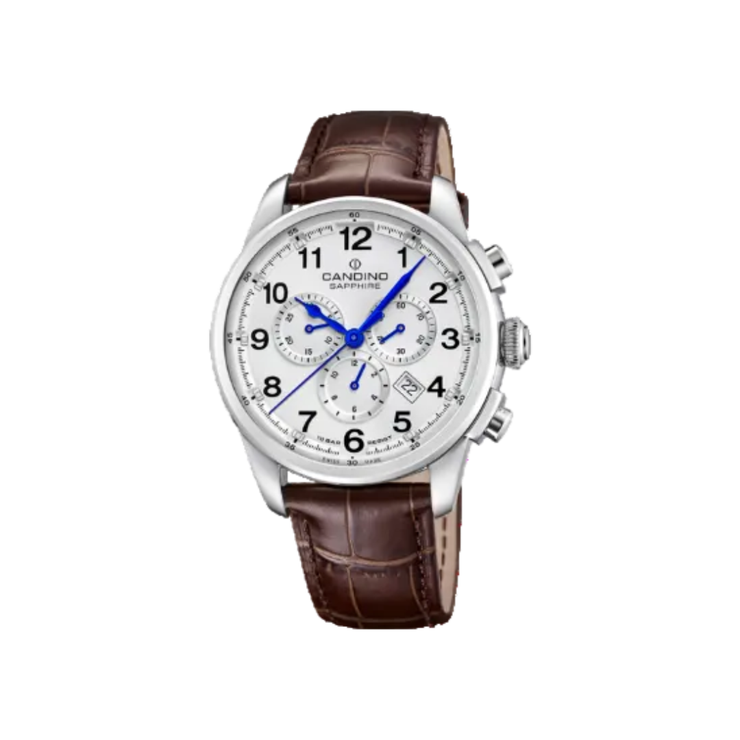 Candino Sapphire Chronograph – White Dial with Brown Leather Strap