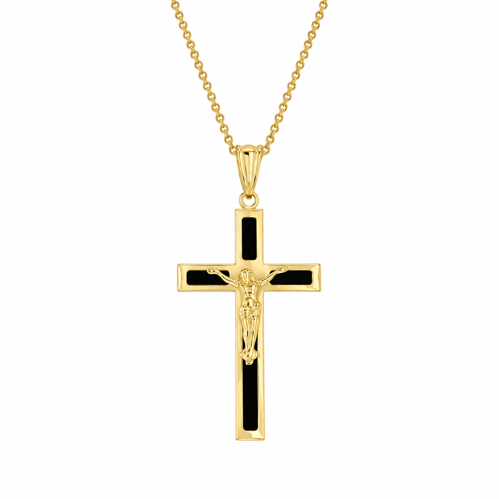 9ct Yellow Gold Onyx Crucifix Pendant