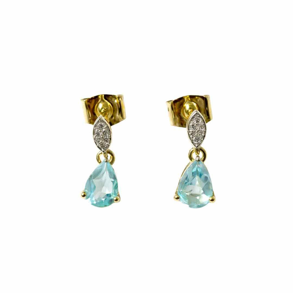 Aquamarine‑Coloured CZ Drop Stud Earrings – 9ct Yellow Gold