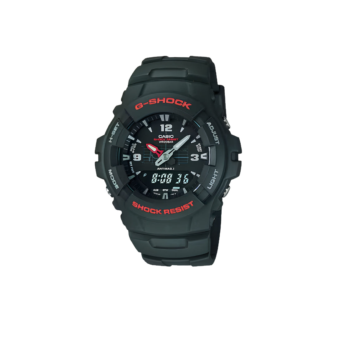 G-SHOCK G-100 Series – Black Resin Case and Strap with Red Accents