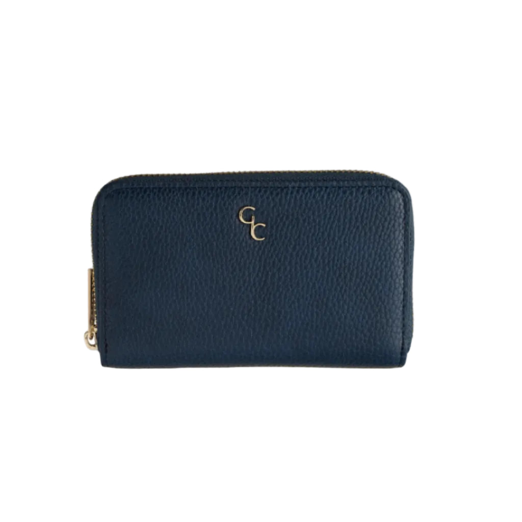 A navy blue pebbled leather zip-around wallet with a gold-tone 'GC' monogram logo on the front, set against a plain white background.