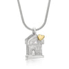 Silver house-shaped pendant with a gold heart on a white background