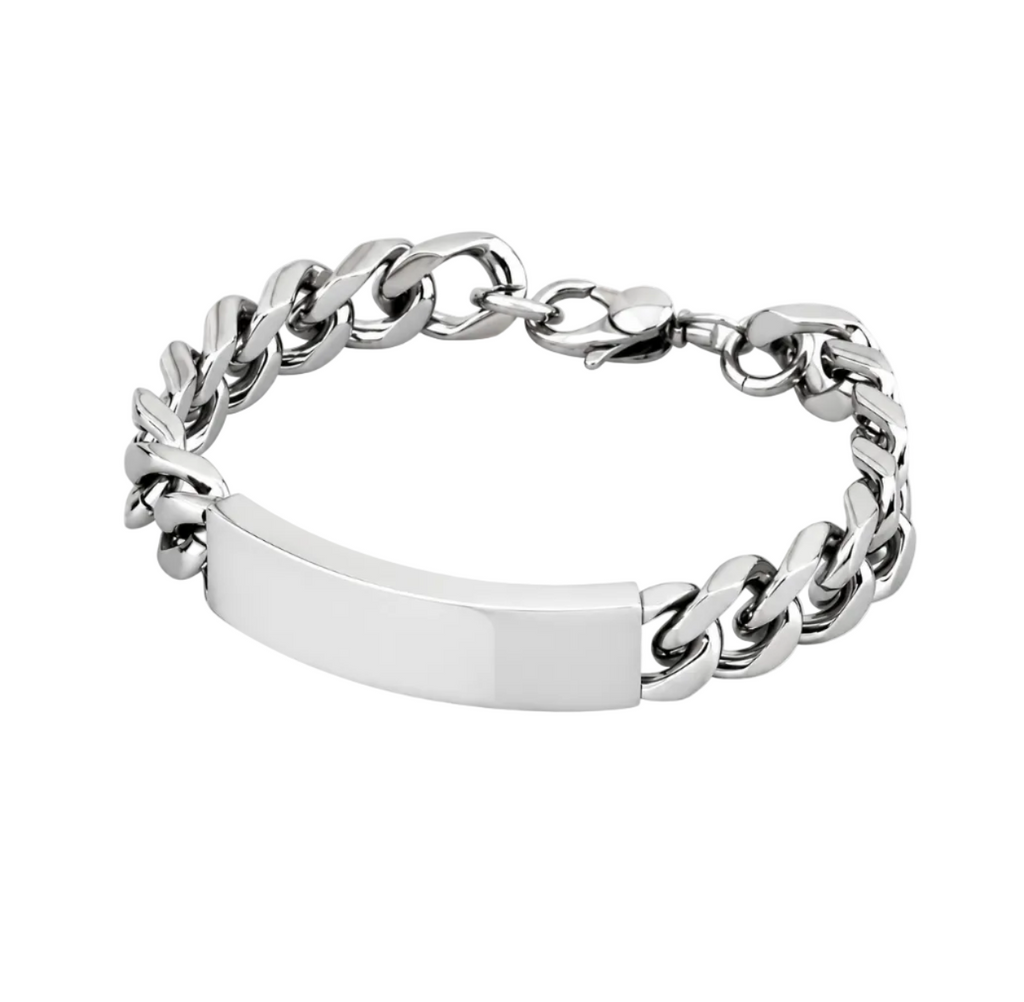 Silver chain bracelet with a flat, rectangular ID plate on a white background