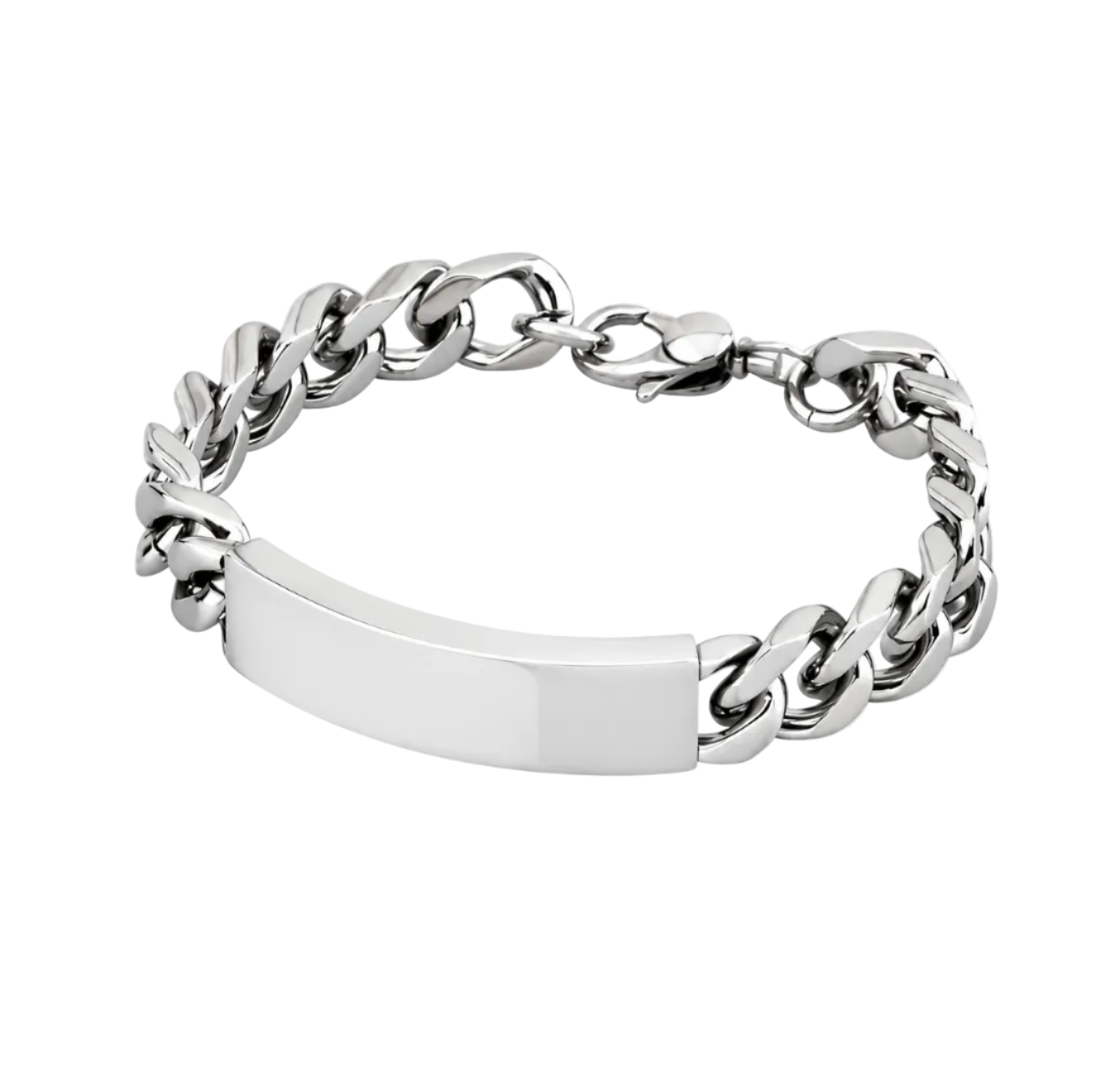 Silver chain bracelet with a flat, rectangular ID plate on a white background