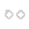 Pair of silver earrings with clear gemstones on a white background