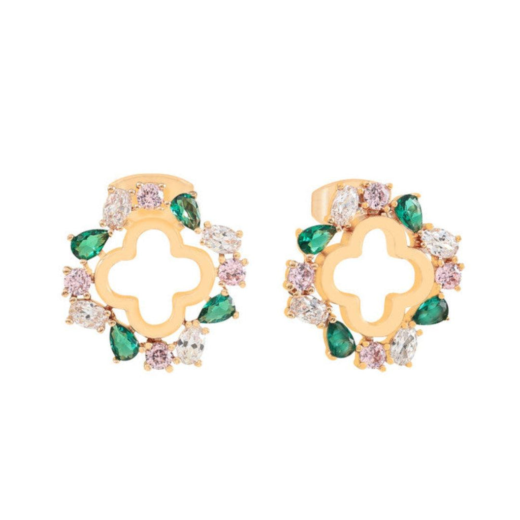 Gold earrings with green and pink gemstones on a white background