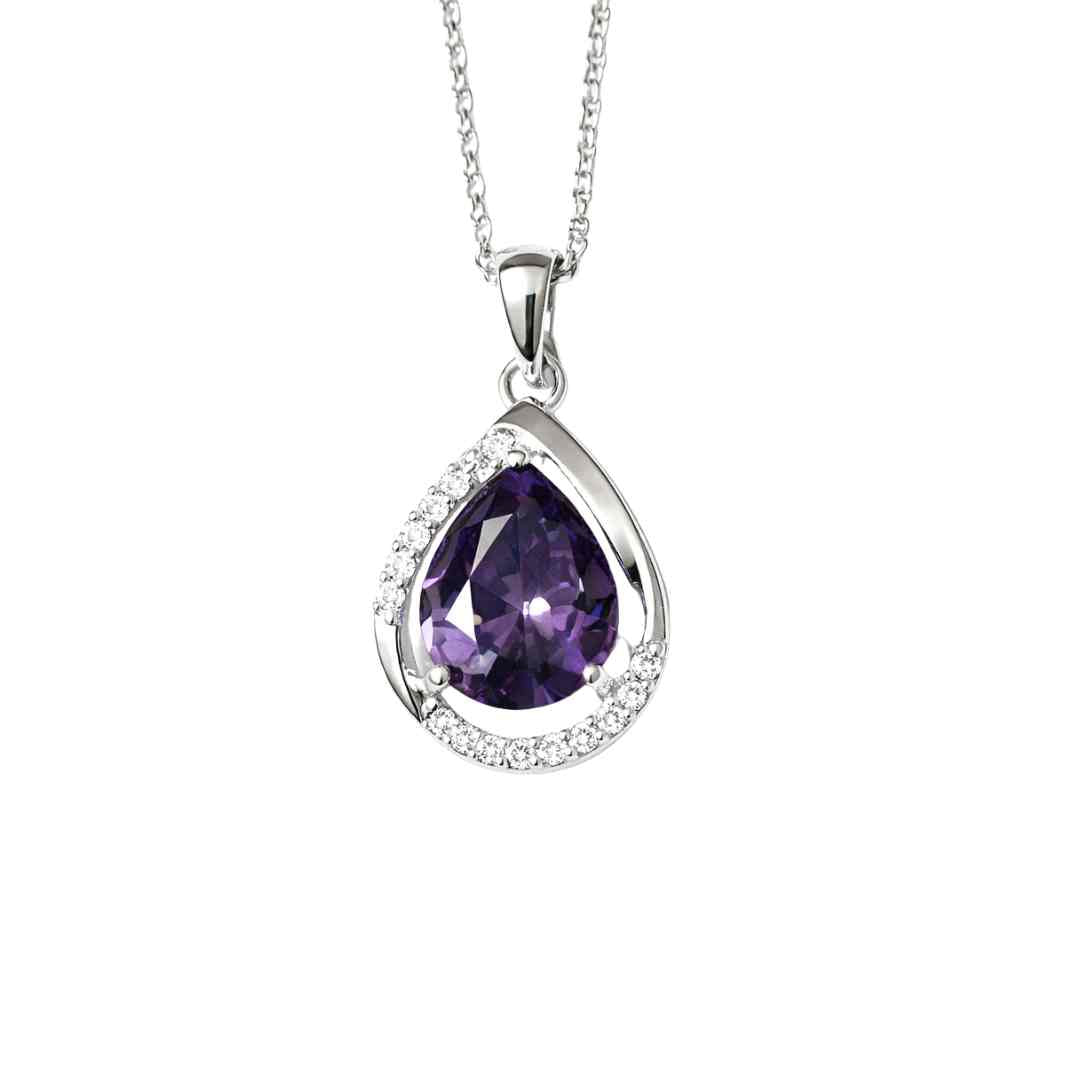Sterling Silver Amethyst Teardrop Necklace – CZ Halo Drop