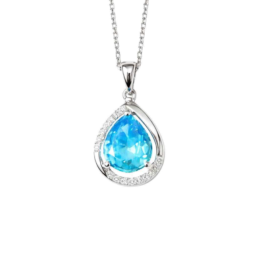 Sterling Silver Aquamarine Teardrop Necklace – CZ Halo Drop