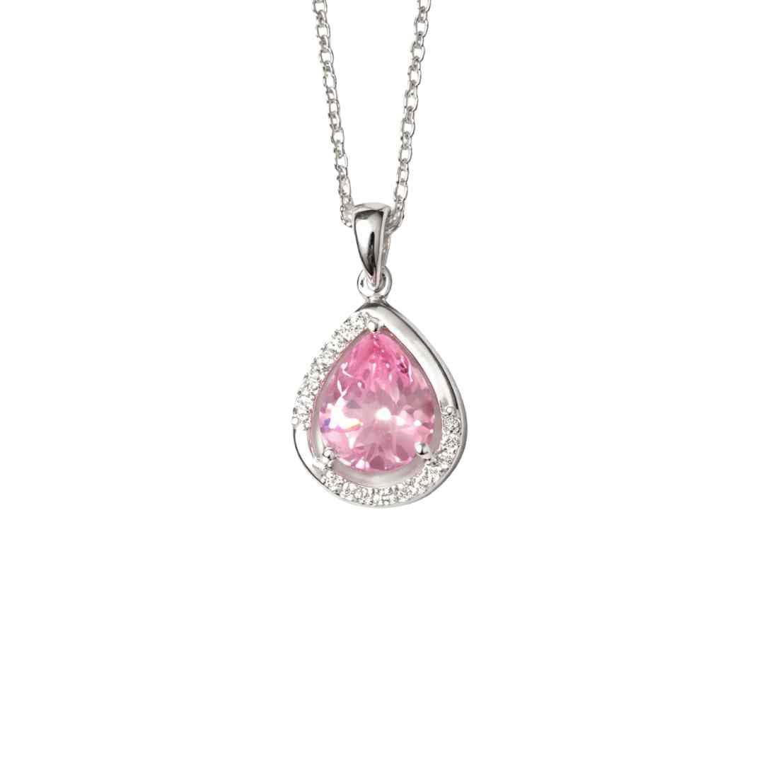 Sterling Silver Pink Teardrop Necklace – CZ Halo Drop