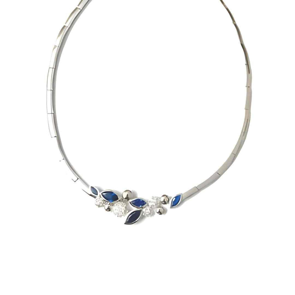 Sterling Silver Collar Necklace – Sapphire Blue &amp; CZ Leaf Cluster