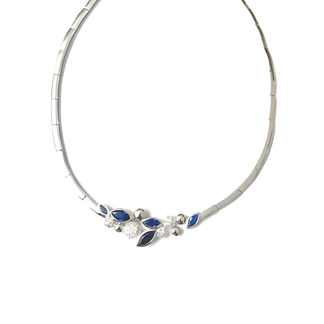 Sterling Silver Collar Necklace – Sapphire Blue &amp; CZ Leaf Cluster