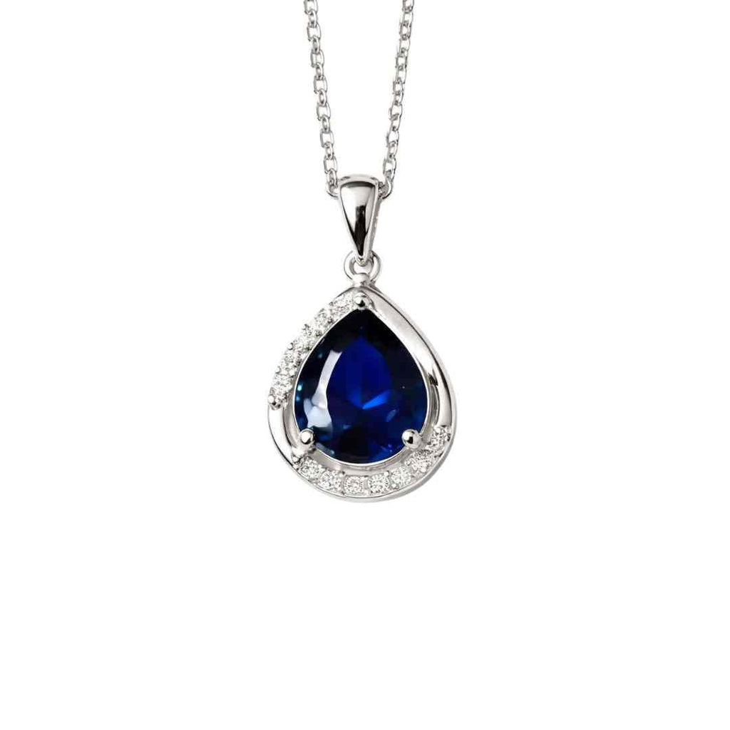 Sterling Silver Sapphire Teardrop Necklace – CZ Halo Drop