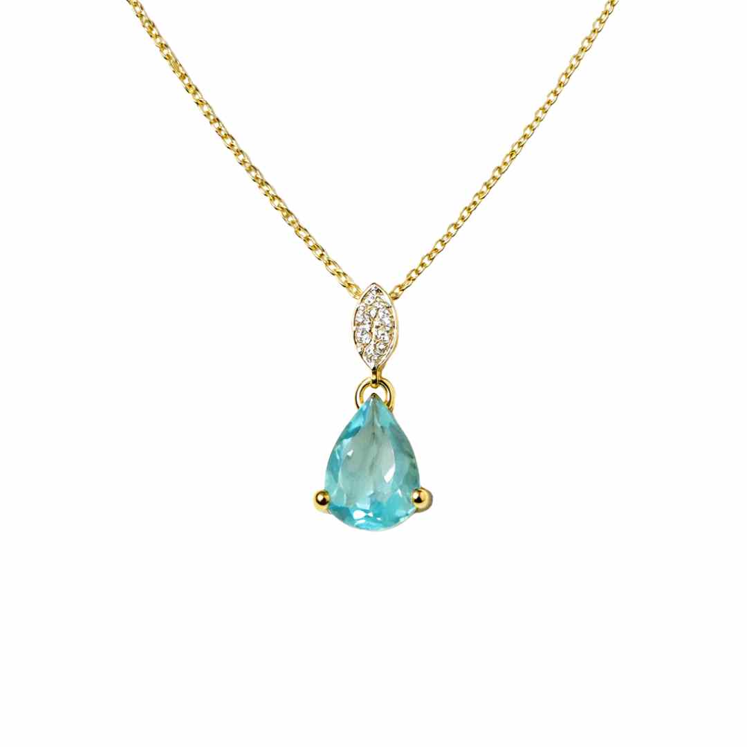 Aquamarine‑Coloured CZ Drop Necklace – 9ct Yellow Gold