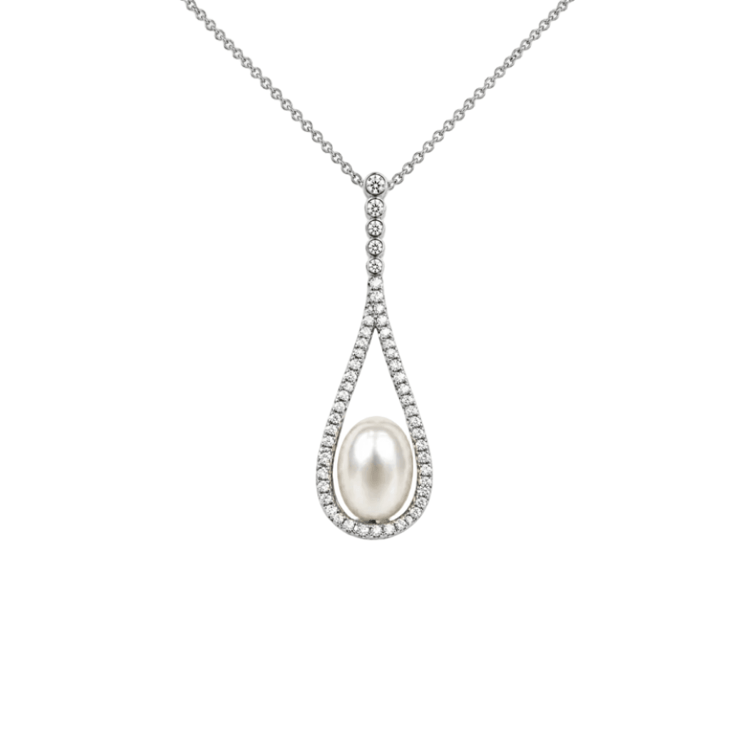 Pearl & CZ Teardrop Pendant - Sterling Silver