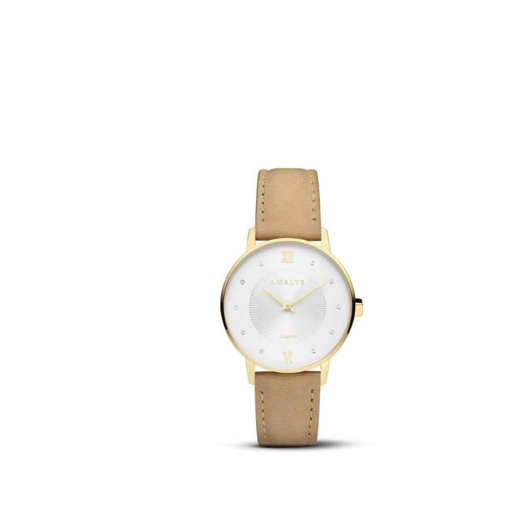 Amalys Rosalie Light Brown Strap Watch – White Dial with Leather Band