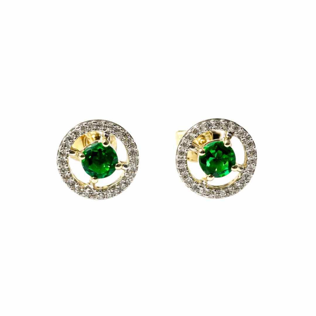 Emerald‑Coloured CZ Circle Stud Earrings – 9ct Yellow Gold