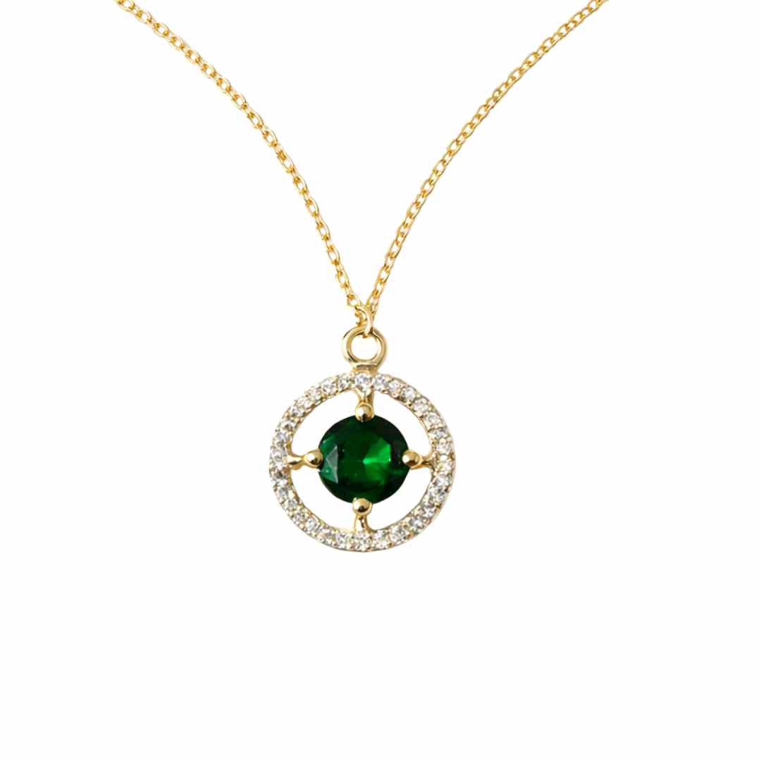 Emerald‑Coloured CZ Circle Pendant Necklace – 9ct Yellow Gold