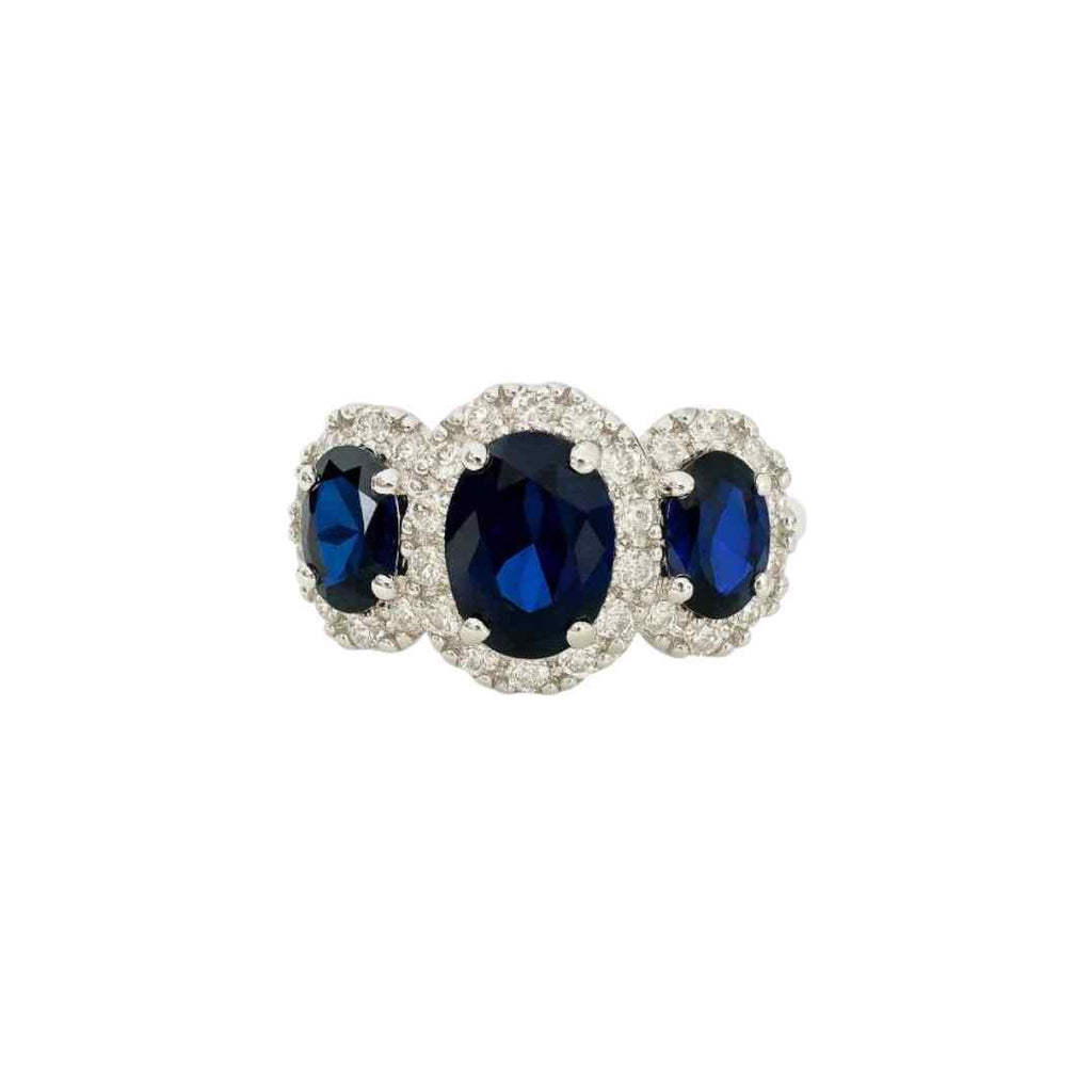 Sterling Silver Sapphire‑Coloured CZ Trilogy Cluster Ring