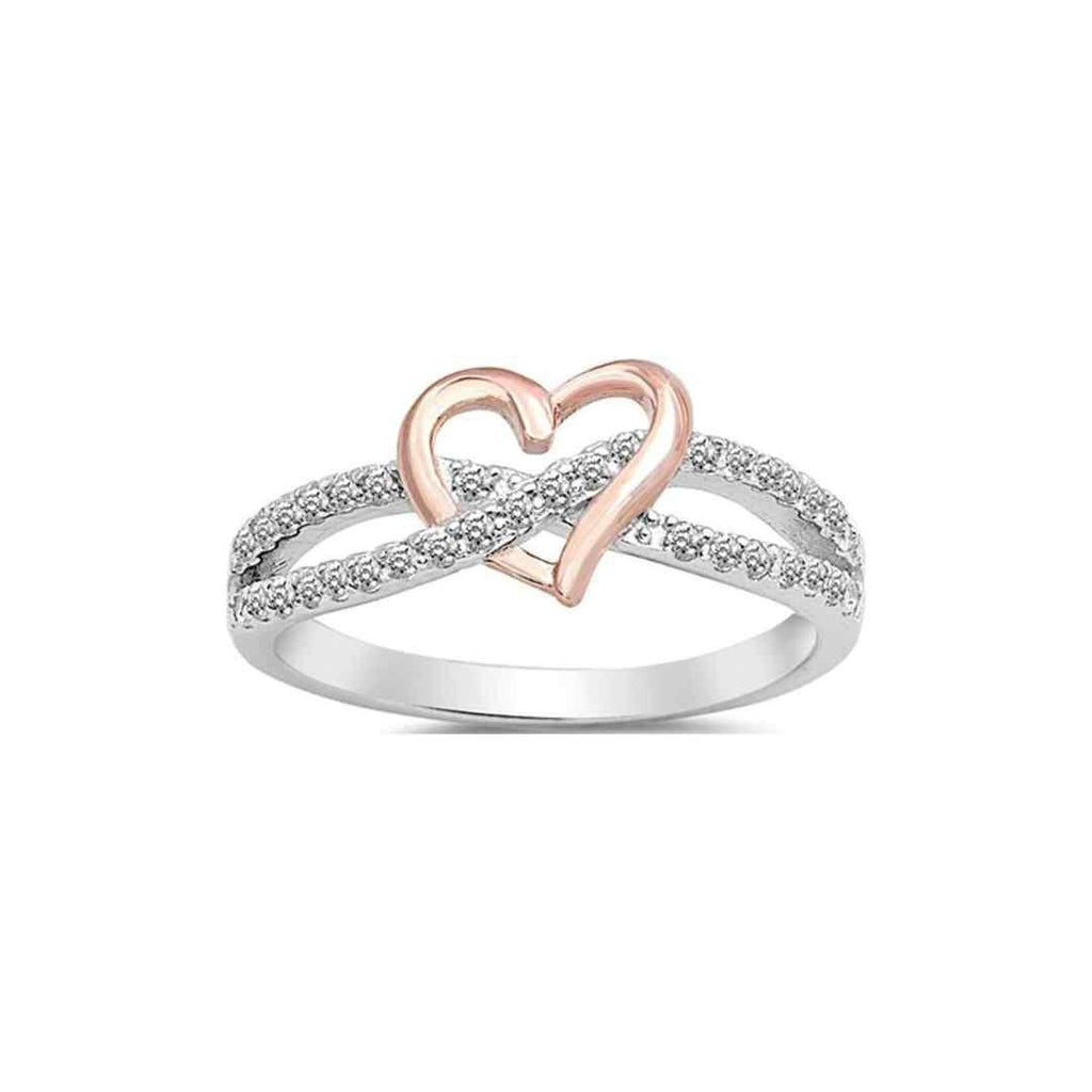 Sterling Silver Rose‑Gold Heart & CZ Crossover Ring