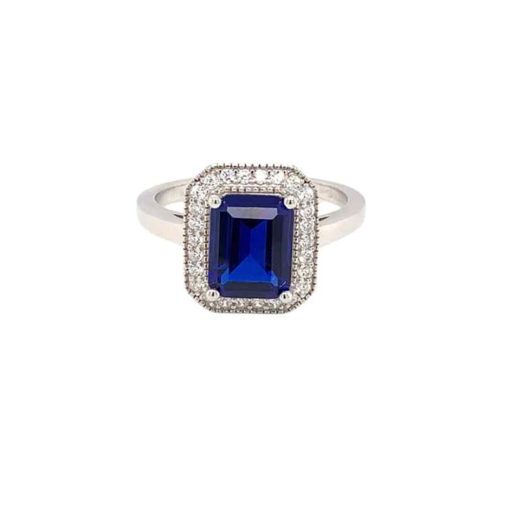 Sterling Silver Emerald‑Cut Sapphire‑Coloured CZ Halo Ring