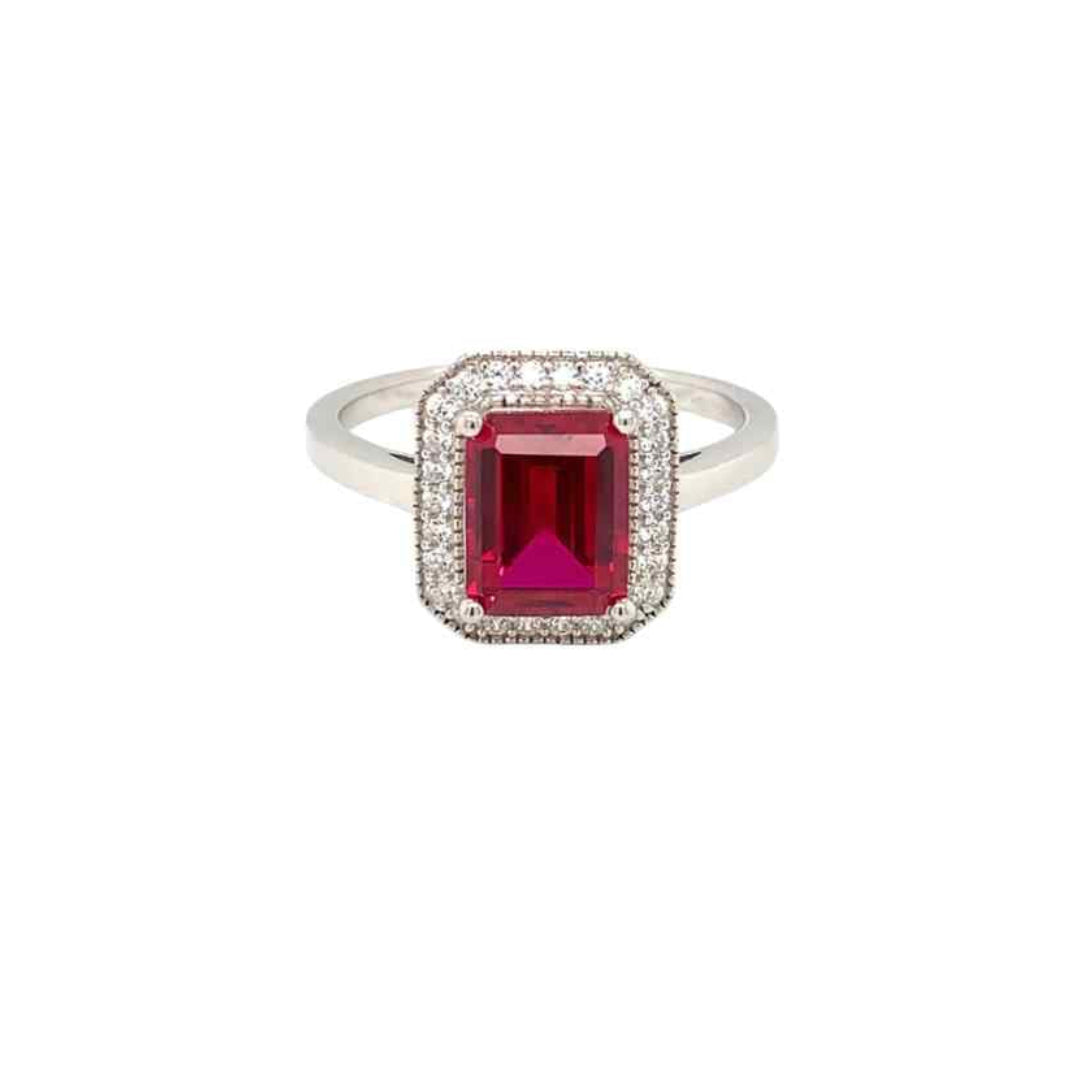 Sterling Silver Emerald‑Cut Ruby‑Coloured CZ Halo Ring