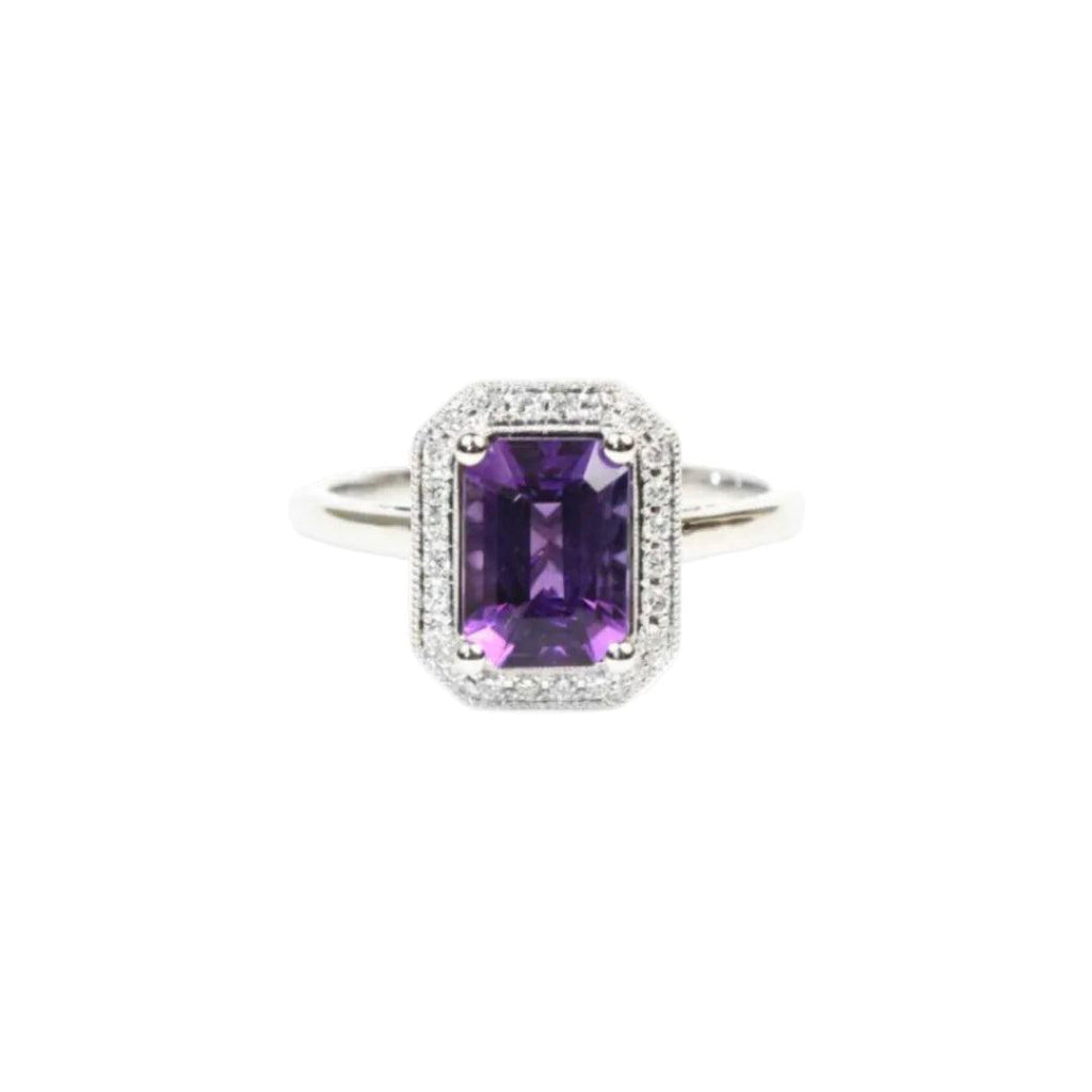 Sterling Silver Emerald‑Cut Amethyst‑Coloured CZ Halo Ring