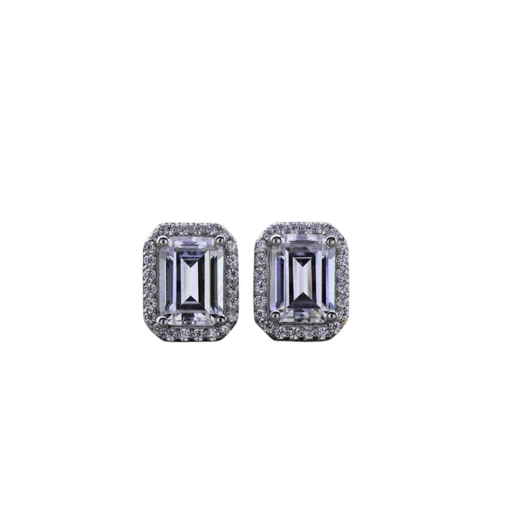 Emerald‑Cut Halo Stud Earrings – Sterling Silver