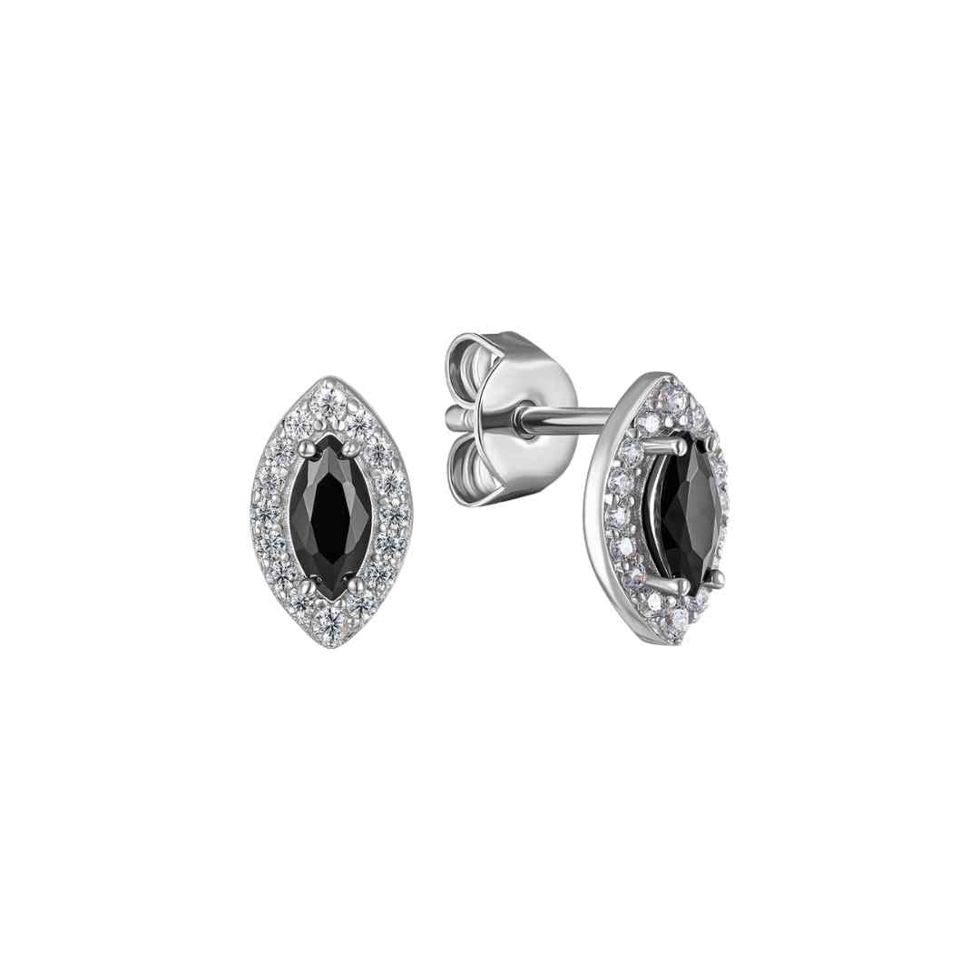 Marquise Black Crystal Halo Stud Earrings – Sterling Silver