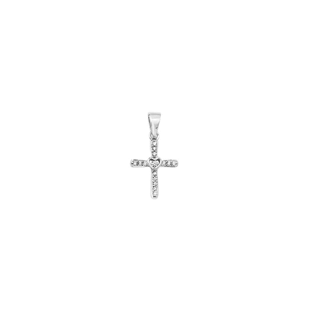 Crystal Cross Pendant with Heart – Sterling Silver