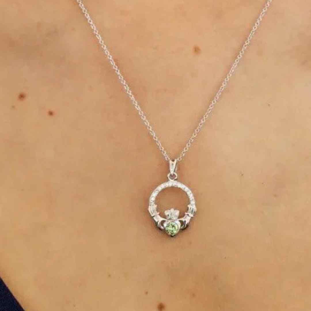 Sterling Silver CZ Claddagh August Birthstone Pendant
