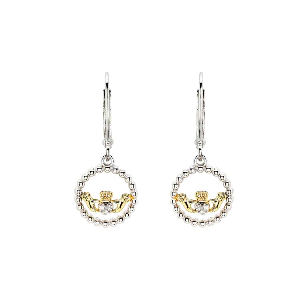 Sterling Silver CZ Claddagh Drop Earrings with Gold‑Plated Detail