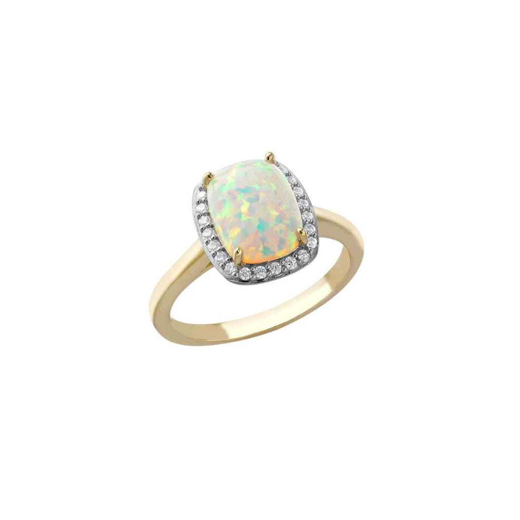 9ct Yellow Gold CZ & Synthetic Opal Open‑Cathedral Halo Ring