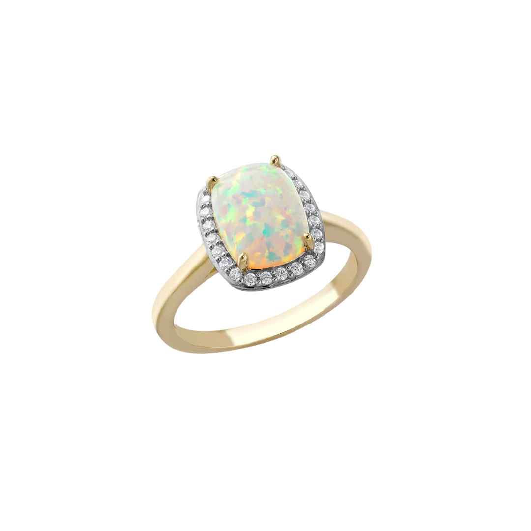 9ct Yellow Gold CZ & Synthetic Opal Open‑Cathedral Halo Ring