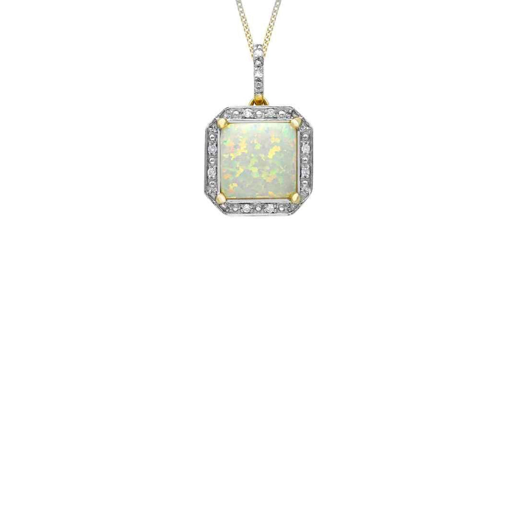 9ct Yellow Gold Diamond & Synthetic Opal Square Halo Pendant