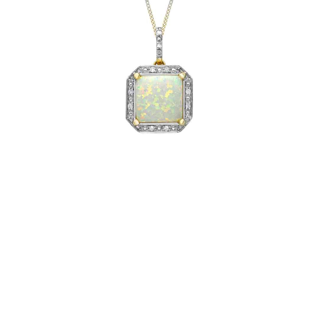 9ct Yellow Gold Diamond & Synthetic Opal Square Halo Pendant