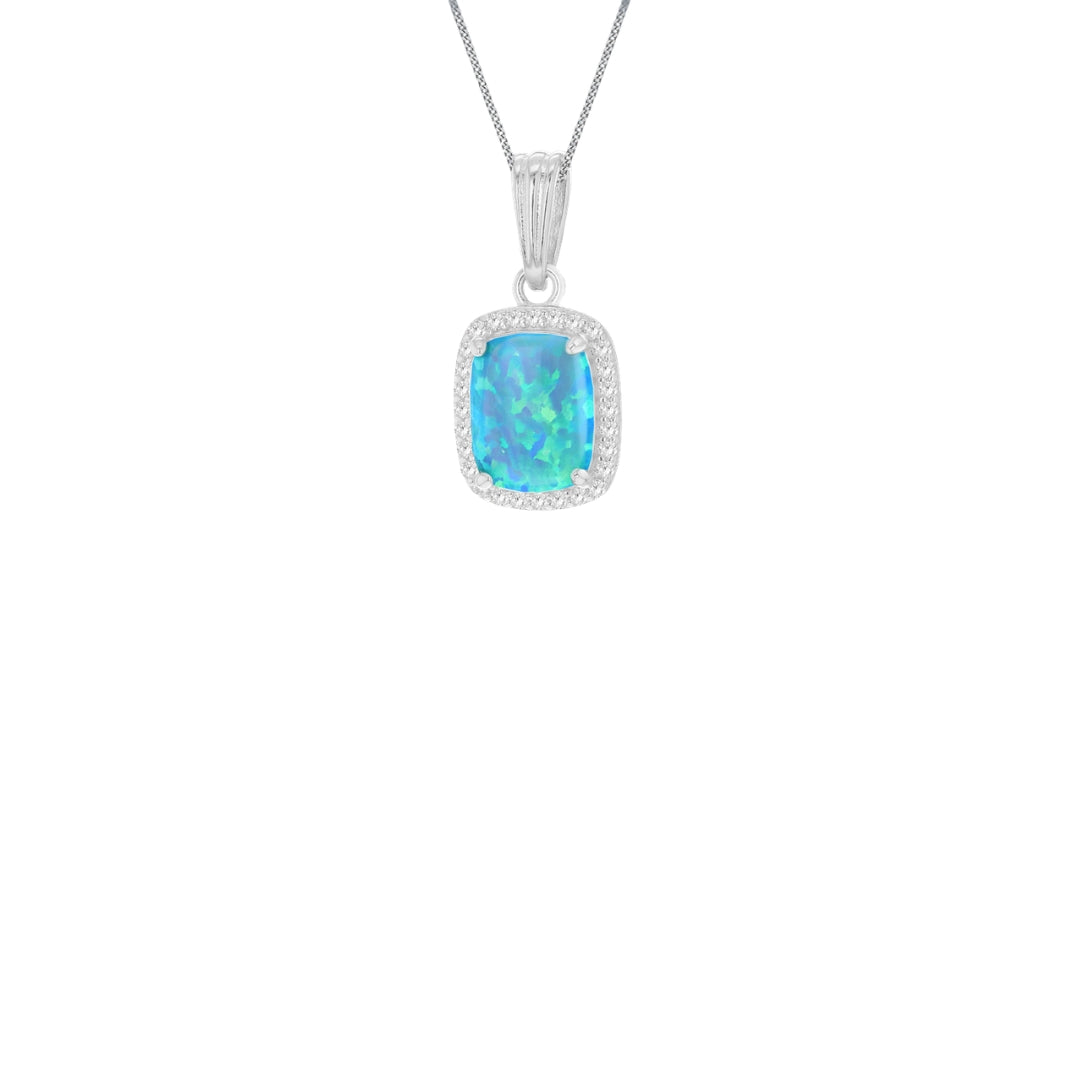 Sterling Silver Rhodium Plated Rectangle Synthetic Turquoise Opal & White CZ Halo Pendant